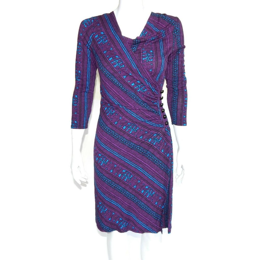 PLENTY TRACY REESE Purple Turquoise Paisley Faux Wrap Boatneck Dress sz S /844